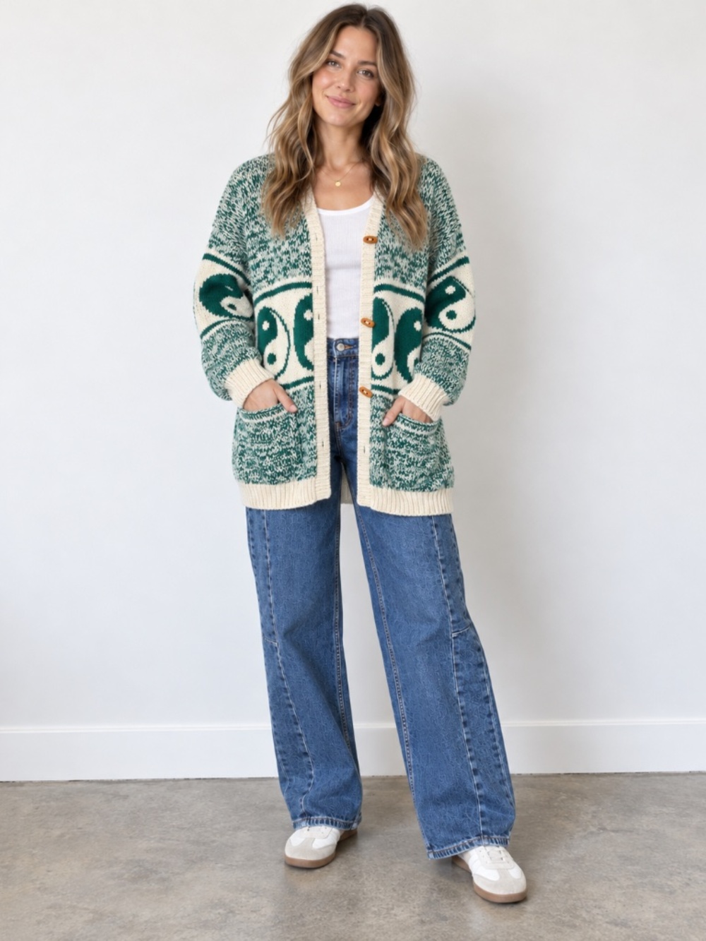 MOTHER The Long Drop Cardigan in Forest & Cream size L